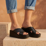 Ava – Women’s Cross-Strap Leather Platform Mules - 37 - S . choco