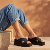 Ava – Women’s Cross-Strap Leather Platform Mules - 37 - Black