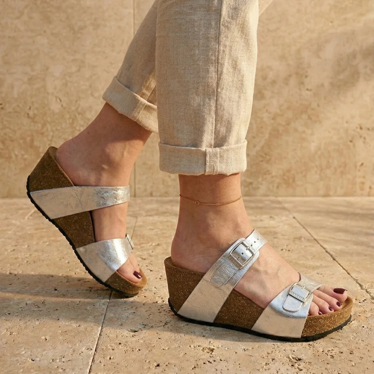 Eilat – Women’s Wedge Mules with Adjustable Straps - 36 - Argent