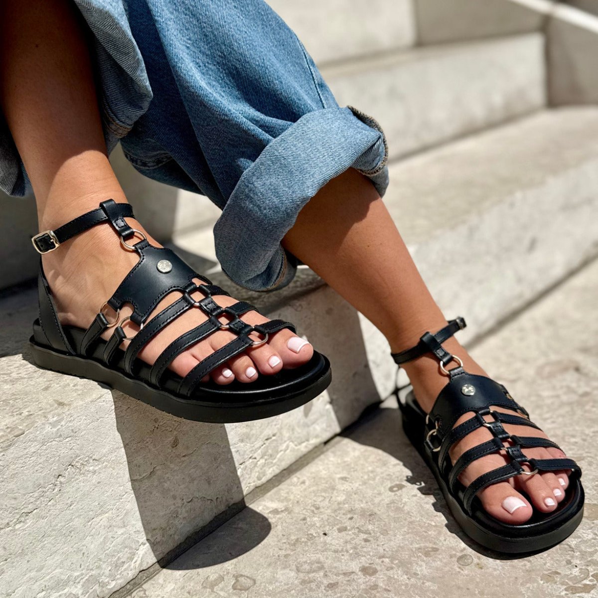 Gabriel – Women’s Leather Ankle-Strap Flat Sandals - 38 - Uni Noir