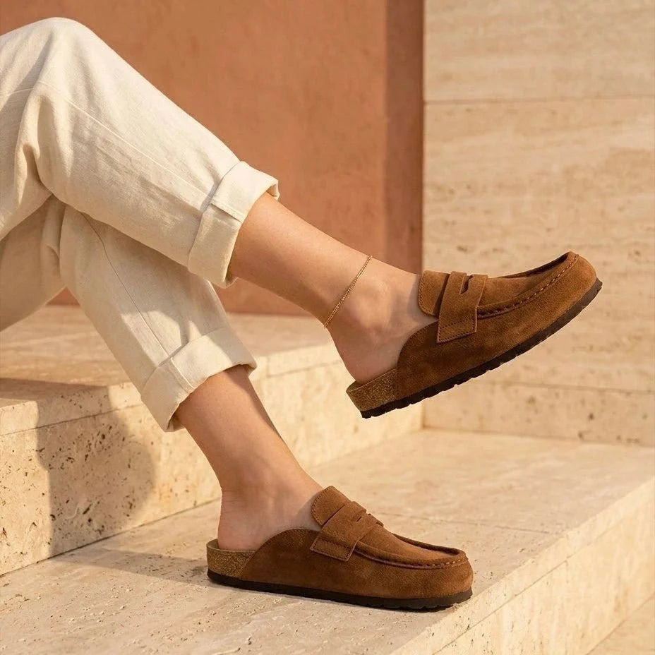 Gina – Women’s Suede Loafer Clogs with Cork Comfort Sole - 37 - Camel