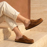 Gina – Women’s Suede Loafer Clogs with Cork Comfort Sole - 37 - Camel