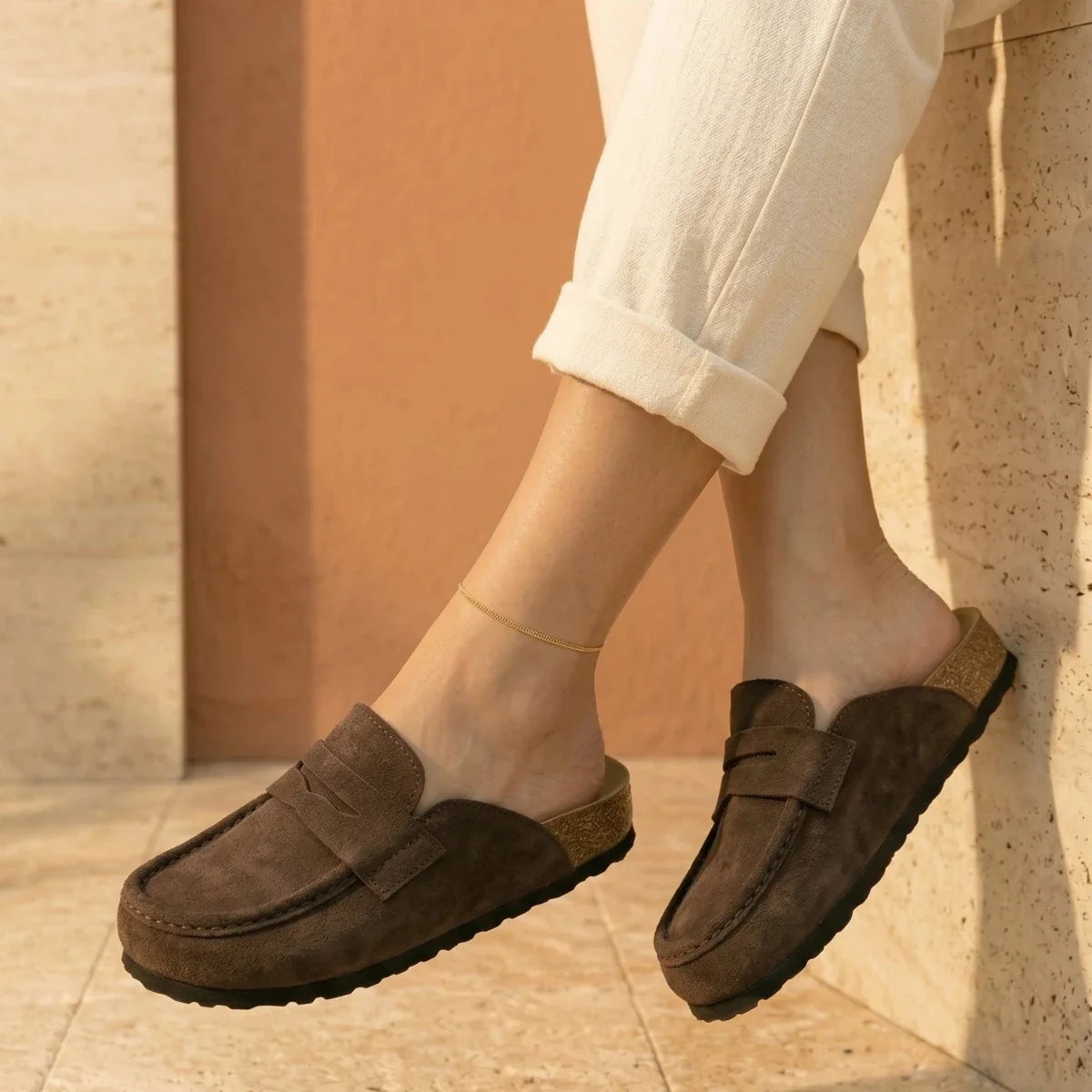 Gina – Women’s Suede Loafer Clogs with Cork Comfort Sole - 37 - S . choco