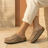 Gina – Women’s Suede Loafer Clogs with Cork Comfort Sole - 36 - Taupe