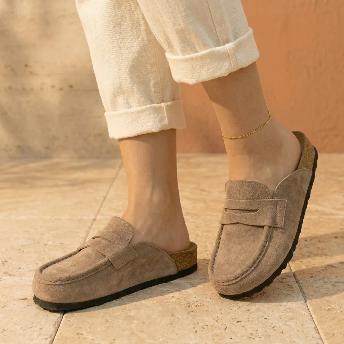 Gina – Women’s Suede Loafer Clogs with Cork Comfort Sole - 36 - kaki