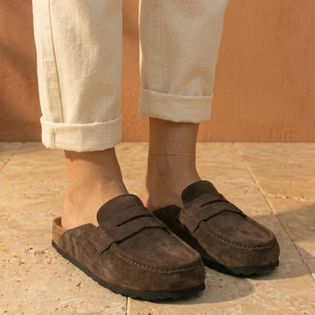 Gina – Women’s Suede Loafer Clogs with Cork Comfort Sole - 37 - Taupe