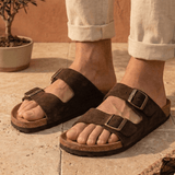 Joy Men – Double-Strap Comfort Mules - 40 - Suede Taupe