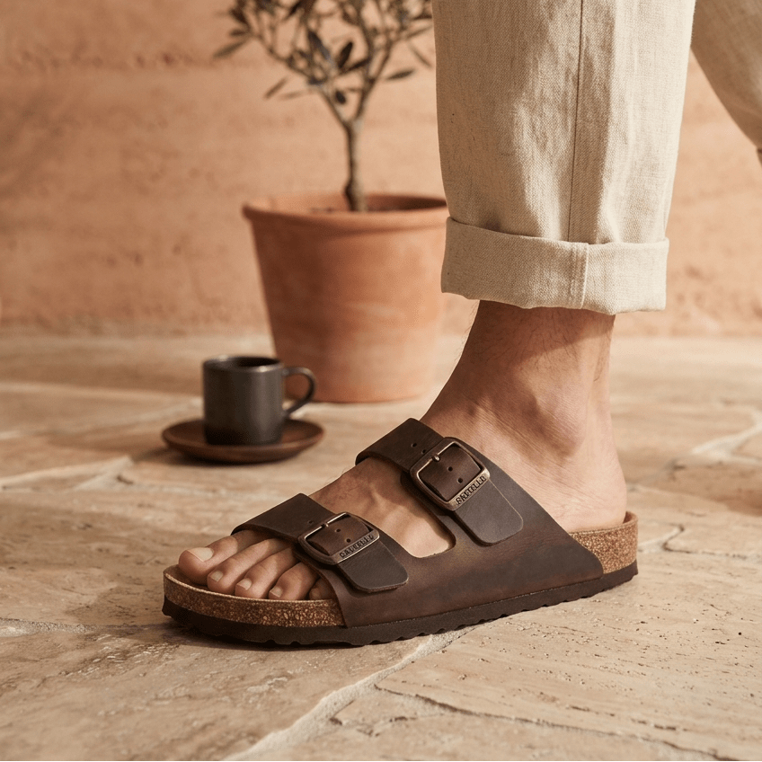 Joy Men – Double-Strap Comfort Mules - 41 - Suede Choco