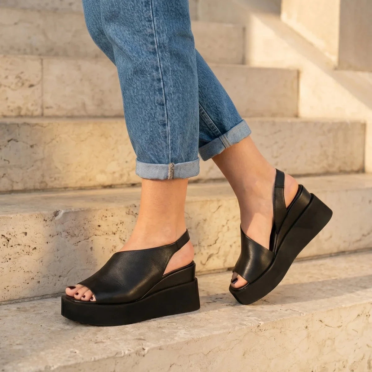 Lisa – Women’s Suede Leather Ankle-Strap Platform Sandals - 36 - Black