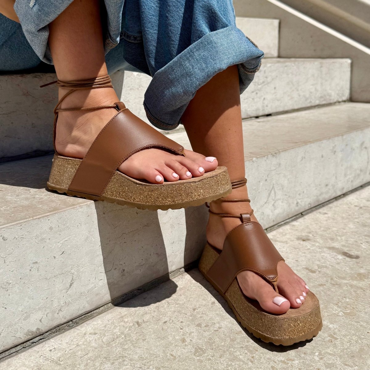 Meryl – Women’s Leather Toe-Post Wedge Sandals with Ankle Laces - 39 - Camel