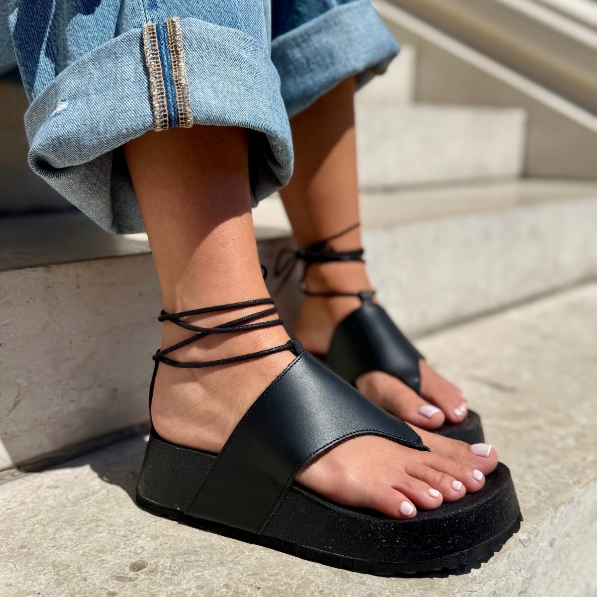 Meryl – Women’s Leather Toe-Post Wedge Sandals with Ankle Laces - 38 - Taupe