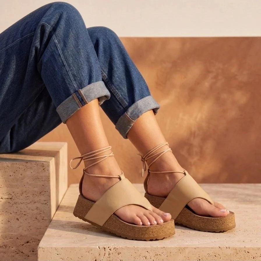Meryl – Women’s Leather Toe-Post Wedge Sandals with Ankle Laces - 36 - Taupe