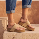 Meryl – Women’s Leather Toe-Post Wedge Sandals with Ankle Laces - 36 - Camel