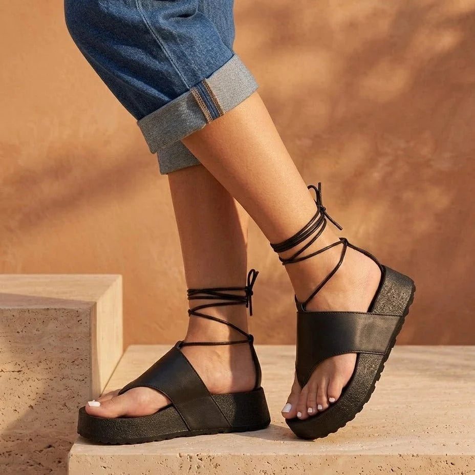 Meryl – Women’s Leather Toe-Post Wedge Sandals with Ankle Laces - 37 - Camel