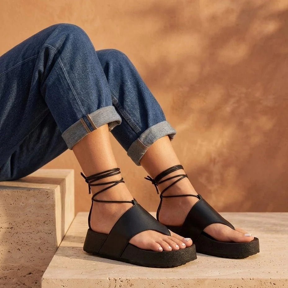 Meryl – Women’s Leather Toe-Post Wedge Sandals with Ankle Laces - 37 - Taupe