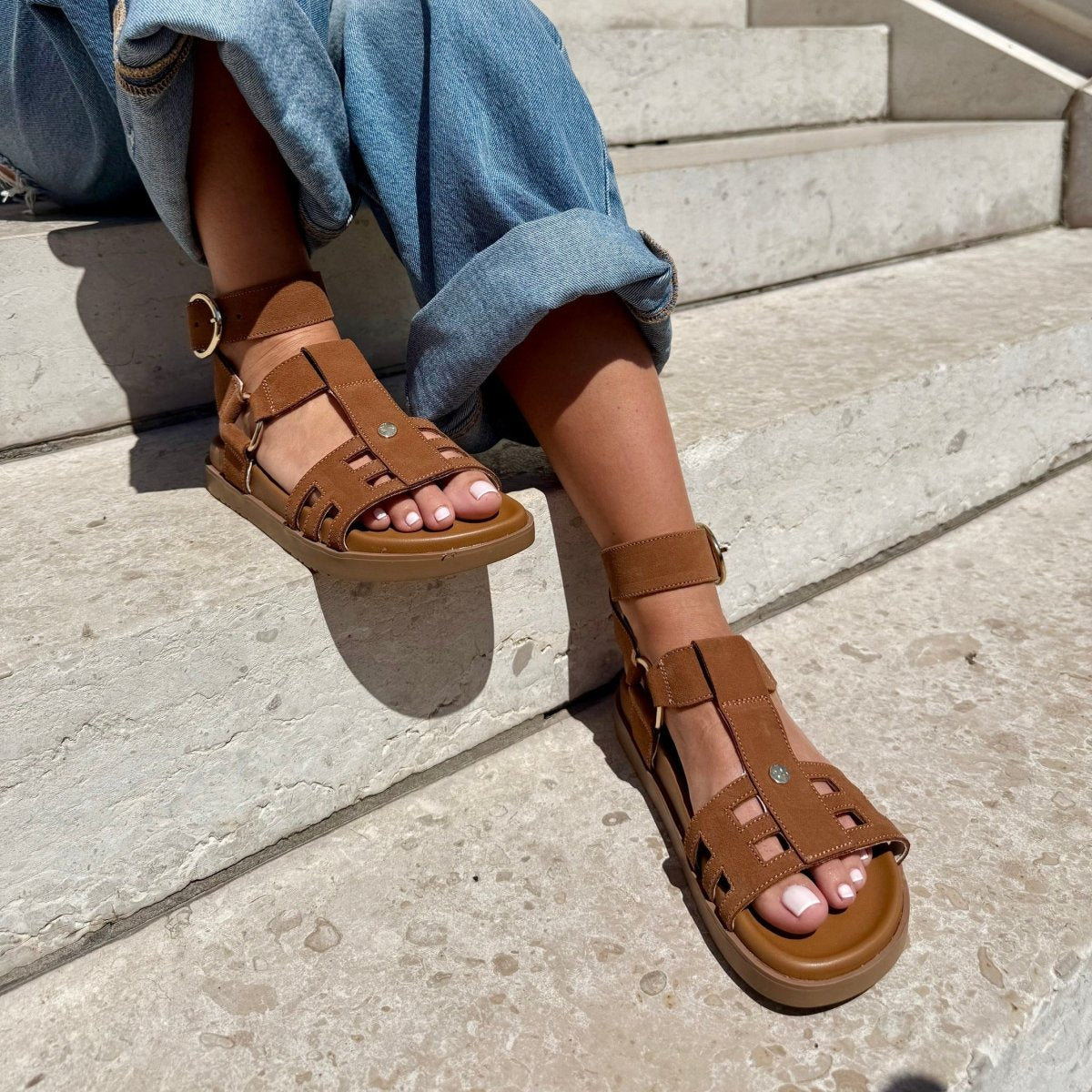Natacha – Women’s Ankle-Strap Comfort Flat Sandals - 38 - Camel
