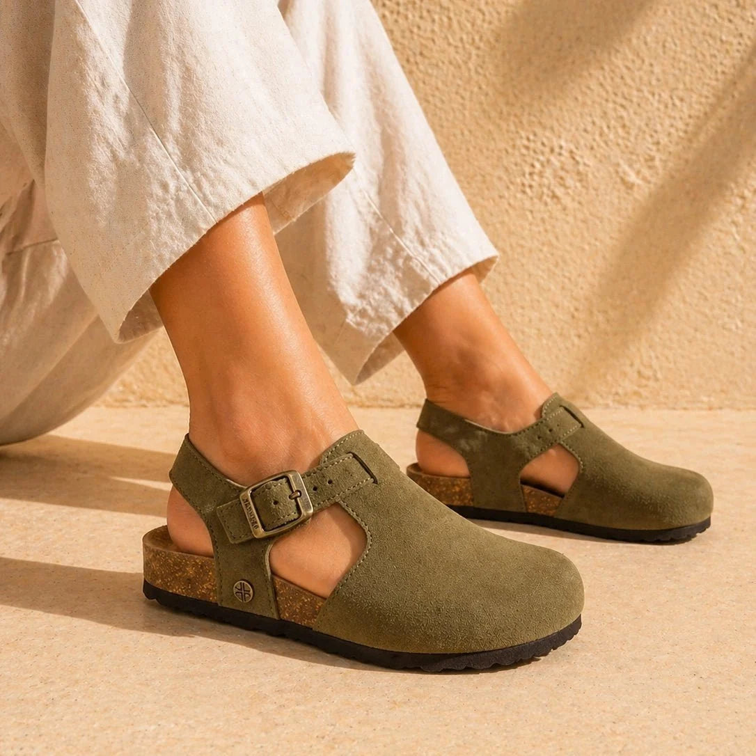 Hannah – Women’s Suede Sandal Clogs with Cork and Leather Footbed - 36 - S . choco