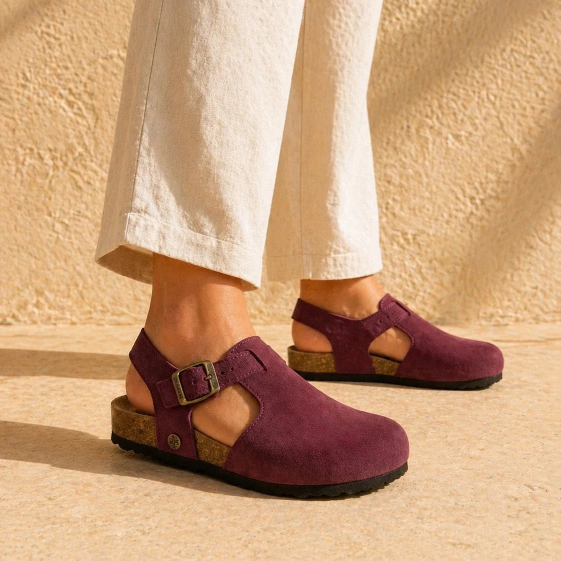 Hannah – Women’s Suede Sandal Clogs with Cork and Leather Footbed - 36 - Taupe