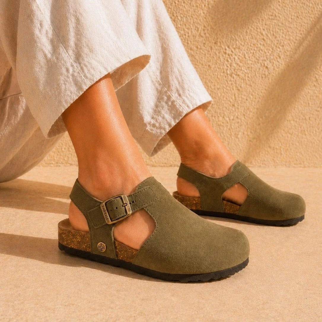 Hannah – Women’s Suede Sandal Clogs with Cork and Leather Footbed - 36 - Black