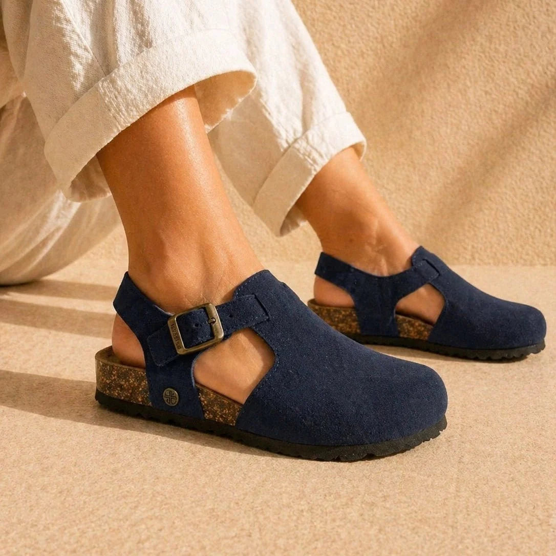 Hannah – Women’s Suede Sandal Clogs with Cork and Leather Footbed - 38 - Taupe