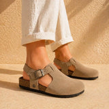 Hannah – Women’s Suede Sandal Clogs with Cork and Leather Footbed - 37 - Taupe