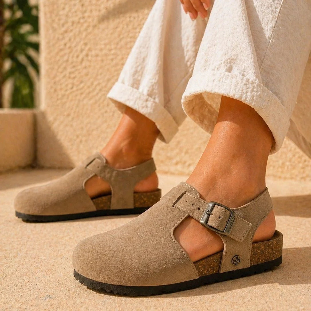 Hannah – Women’s Suede Sandal Clogs with Cork and Leather Footbed - 37 - S . choco