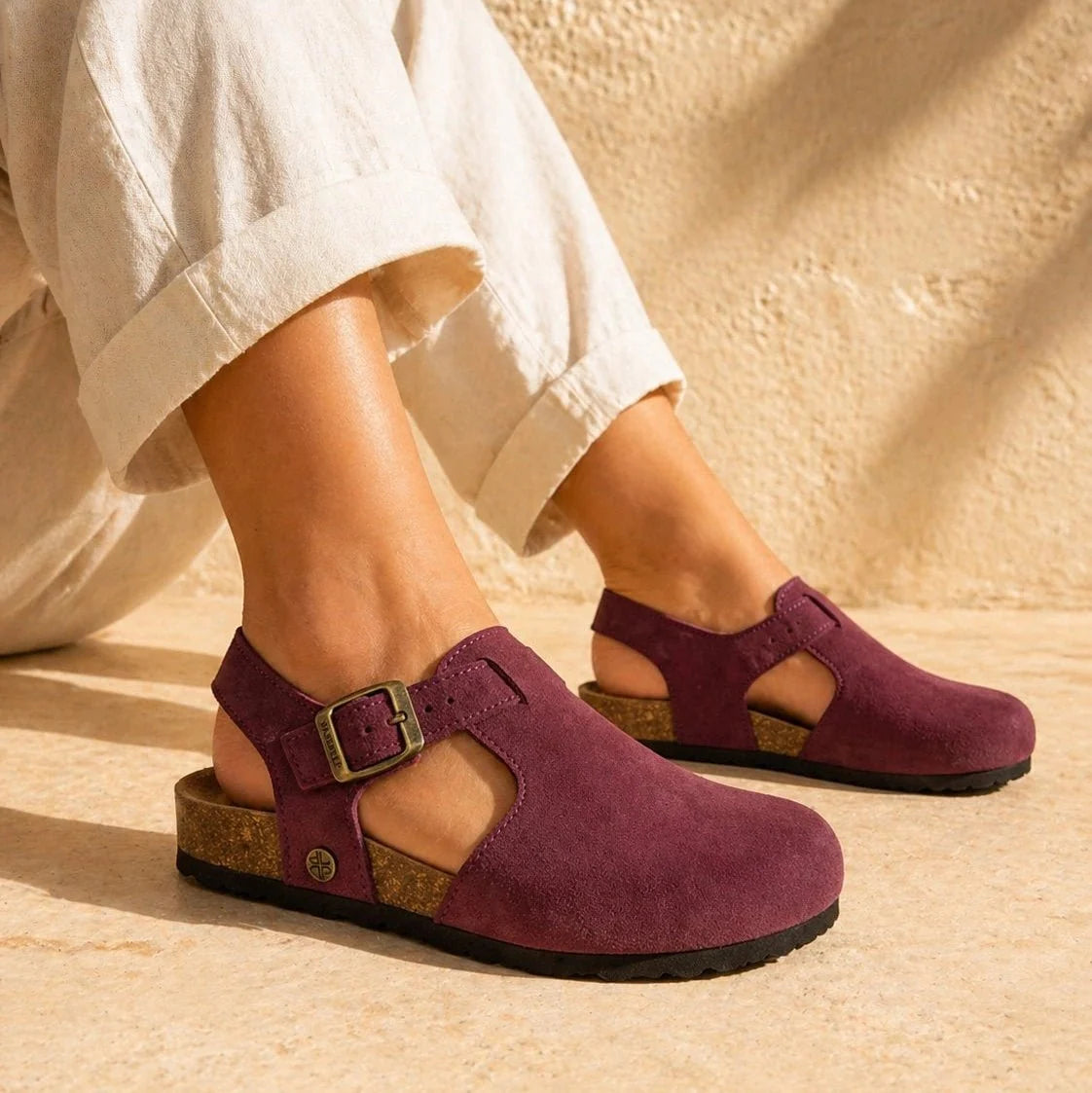 Hannah – Women’s Suede Sandal Clogs with Cork and Leather Footbed - 36 - bordeaux