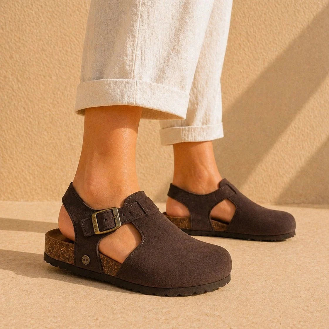 Hannah – Women’s Suede Sandal Clogs with Cork and Leather Footbed - 37 - Black