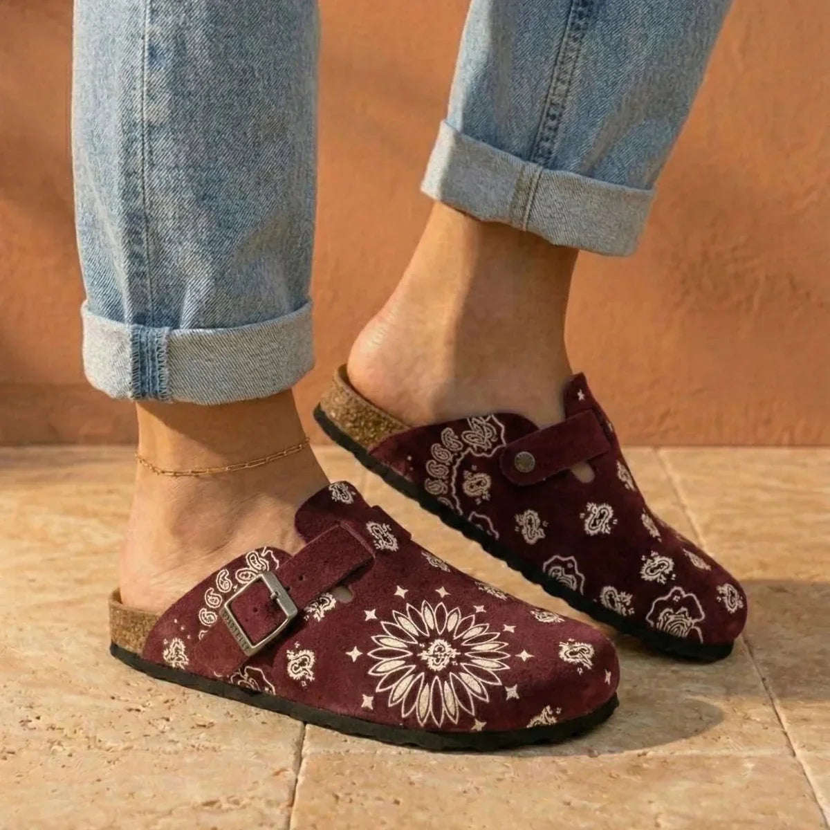 Solal Printed – Women’s Suede Clogs with Cork and Leather Footbed - 37 - Bordeaux Bandana