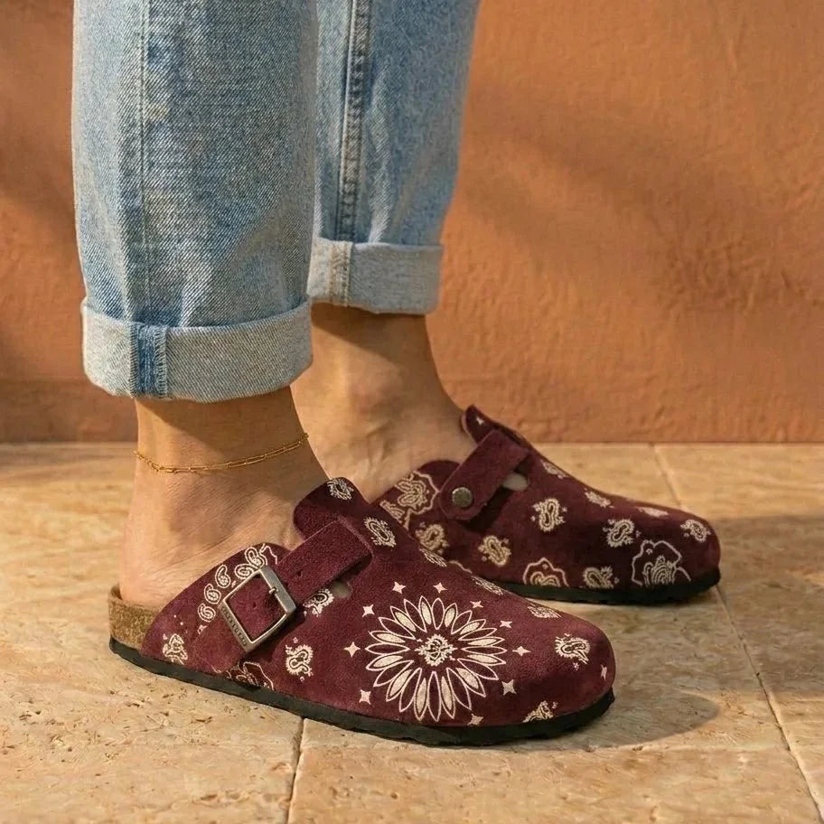 Solal Printed – Women’s Suede Clogs with Cork and Leather Footbed - 37 - Kaki bandana