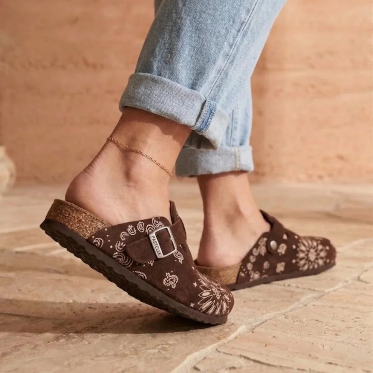 Solal Printed – Women’s Suede Clogs with Cork and Leather Footbed - 36 - Taupe bandana