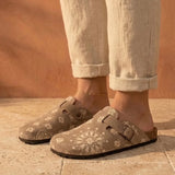 Solal Printed – Women’s Suede Clogs with Cork and Leather Footbed - 36 - Bordeaux Bandana