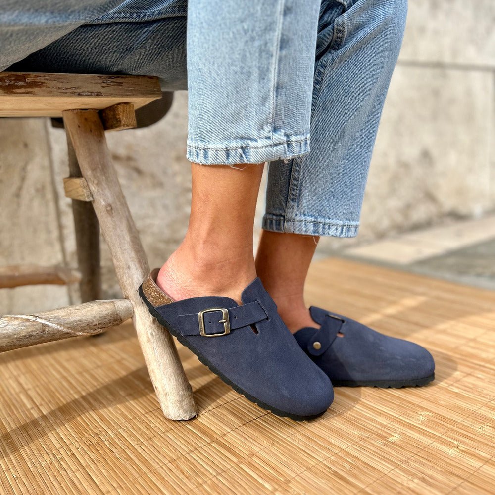 Solal – Women’s Suede Clogs with Cork and Leather Comfort Footbed - 38 - Navy Blue